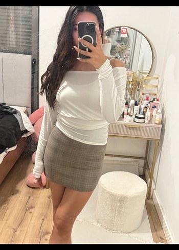 Kadın Bej Ekose Mini etek - Görsel 4