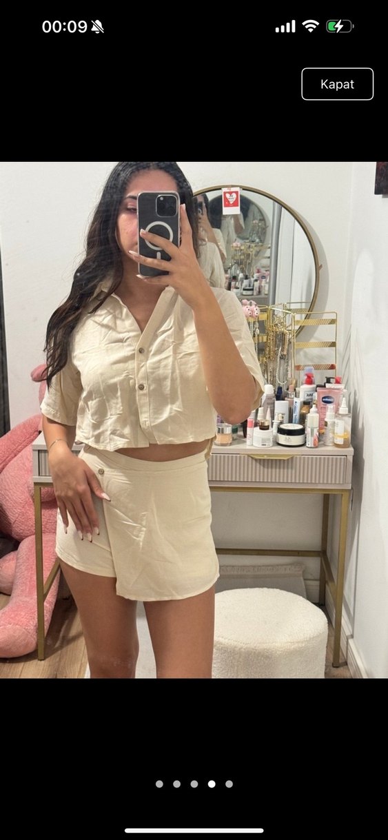 Beyaz Keten Mini Etek üst takım - Görsel 4