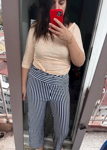 Çizgili Gri Kadın Sigara Pantolon - Görsel 2