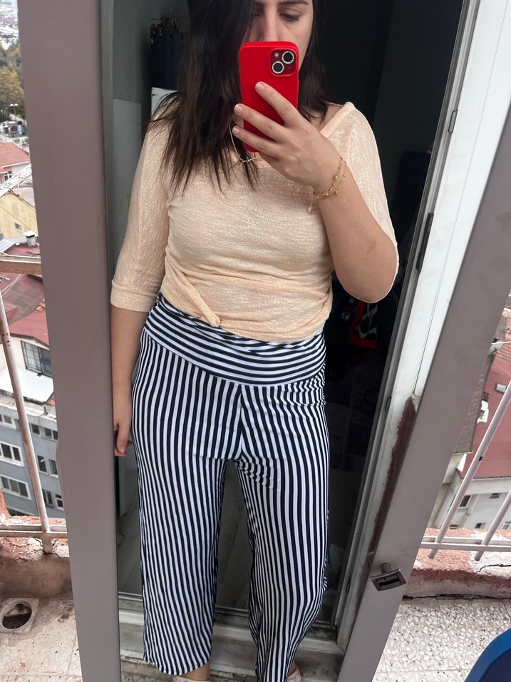 Çizgili Gri Kadın Sigara Pantolon - Görsel 2