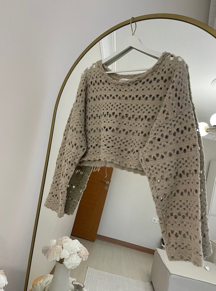 Bej Örgü Kadın Kazak, Rahat Kesim, Uzun Kollu - Görsel 2