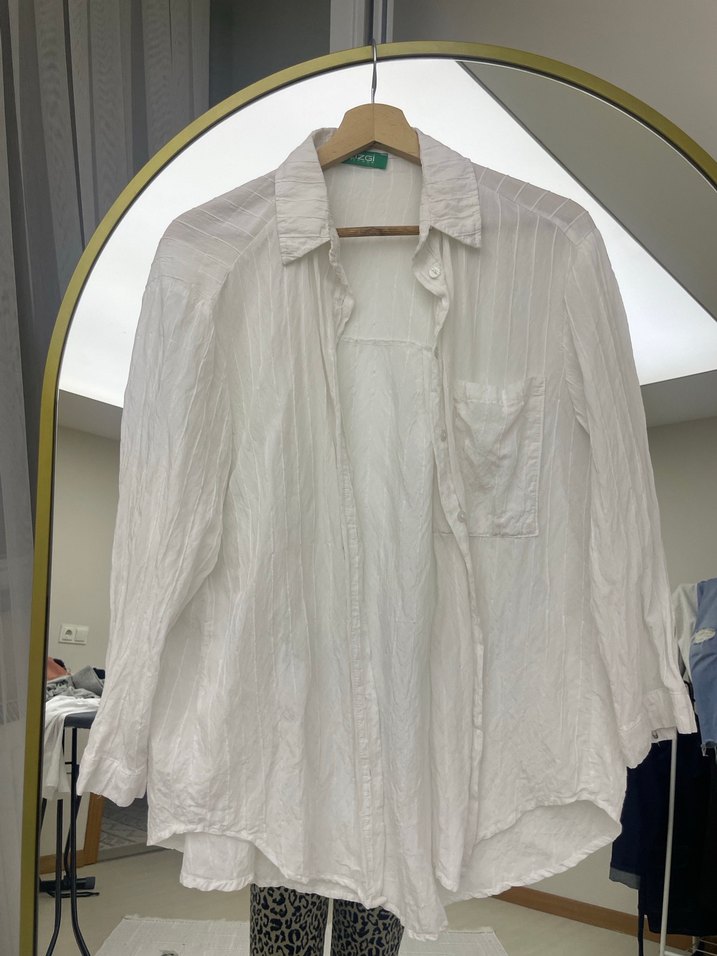 Beyaz Keten Salaş Uzun Kollu Gömlek - Görsel 2