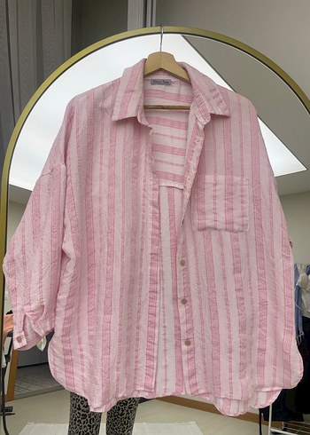 Pembe Keten Düğmeli Bol Kesim Gömlek - Görsel 2