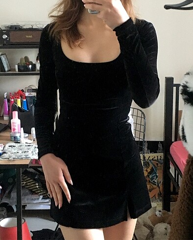 Bershka Siyah mini kadife elbise