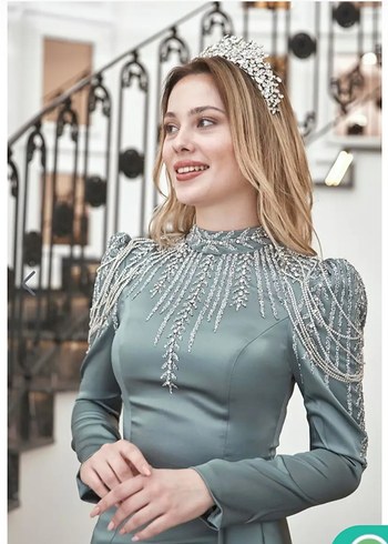 Abiye Uzun Kollu Gri İşlemeli Abiye Elbise