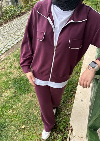 Bordo Fermuarlı Oversize Kadın Eşofman Takımı
