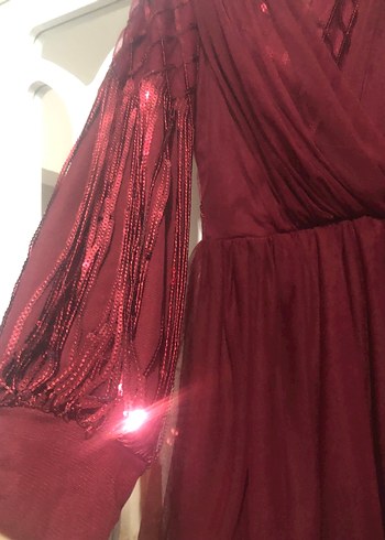 Bordo İşlemeli Uzun Kollu Uzun Abiye Elbise - Görsel 5