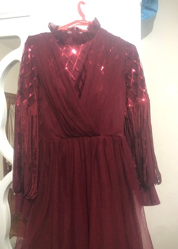 Bordo İşlemeli Uzun Kollu Uzun Abiye Elbise - Görsel 4