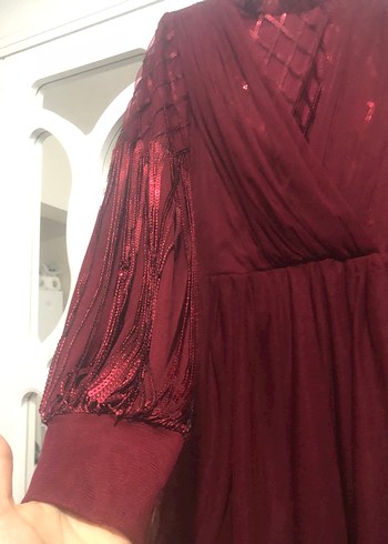 Bordo İşlemeli Uzun Kollu Uzun Abiye Elbise - Görsel 6