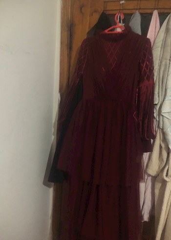 Bordo İşlemeli Uzun Kollu Uzun Abiye Elbise - Görsel 11