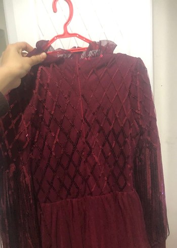 Bordo İşlemeli Uzun Kollu Uzun Abiye Elbise - Görsel 8