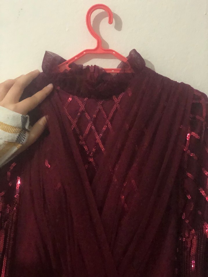 Bordo İşlemeli Uzun Kollu Uzun Abiye Elbise - Görsel 2