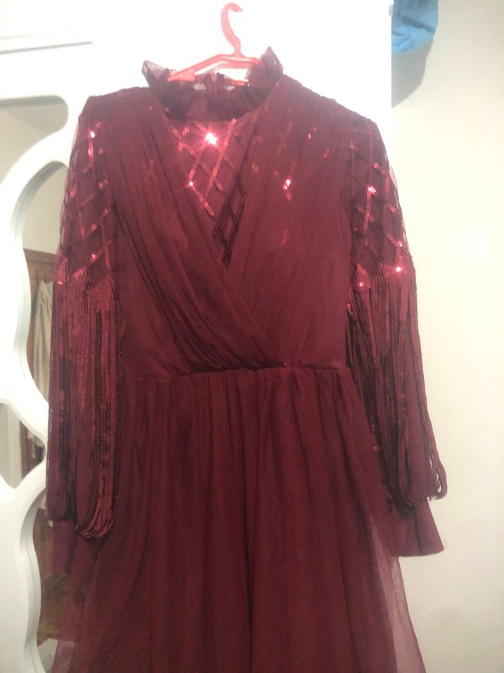 Bordo İşlemeli Uzun Kollu Uzun Abiye Elbise - Görsel 4