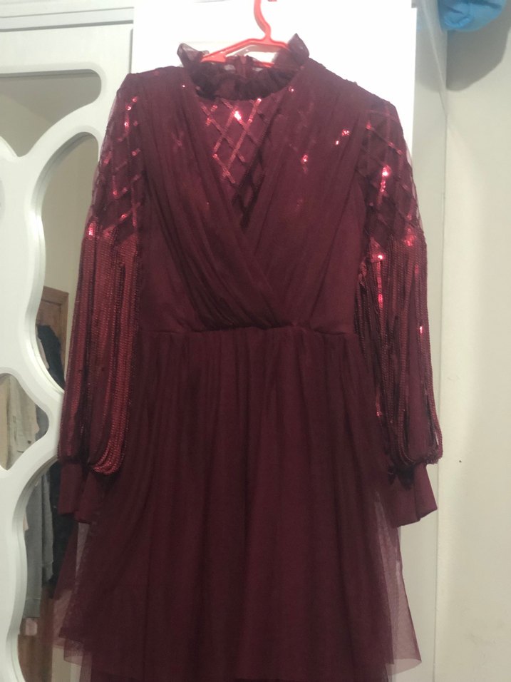 Bordo İşlemeli Uzun Kollu Uzun Abiye Elbise - Görsel 3