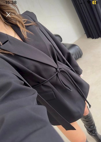 Kemerli Siyah Deri Mini Blazer - Görsel 3