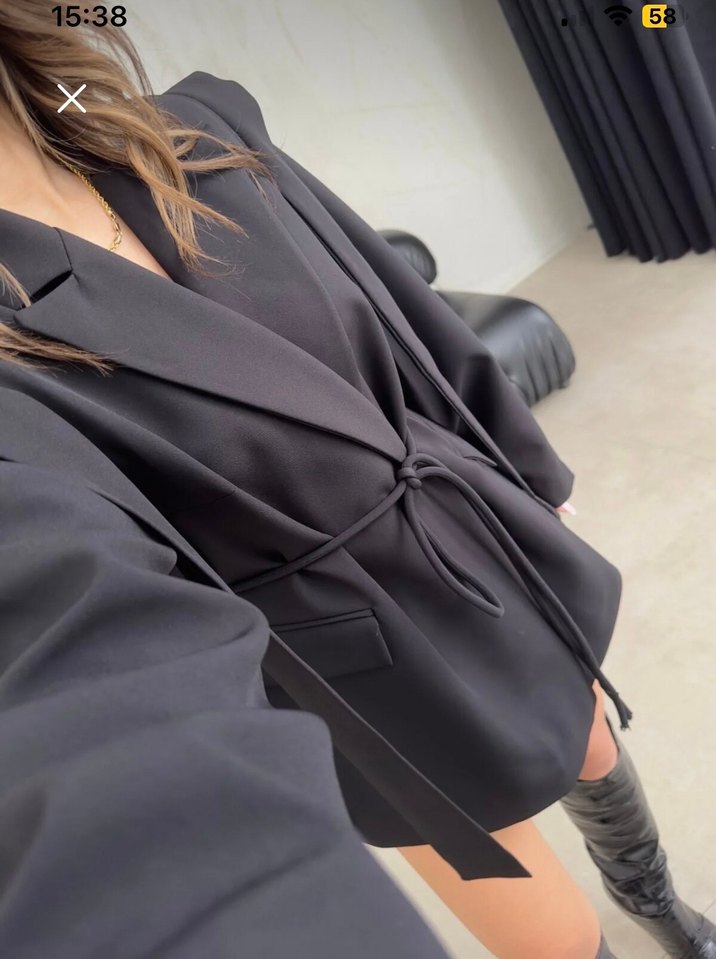 Kemerli Siyah Deri Mini Blazer - Görsel 3