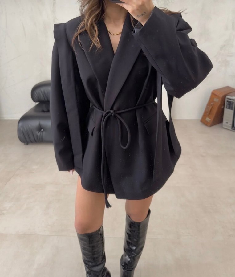 Kemerli Siyah Deri Mini Blazer - Görsel 2