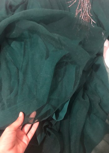 Uzun Kollu Yeşil Nakışlı Abiye Elbise - Görsel 7