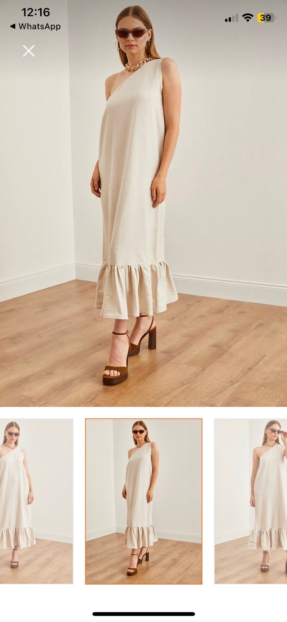 Bej Uzun Keten Elbise Fırfırlı - Görsel 3