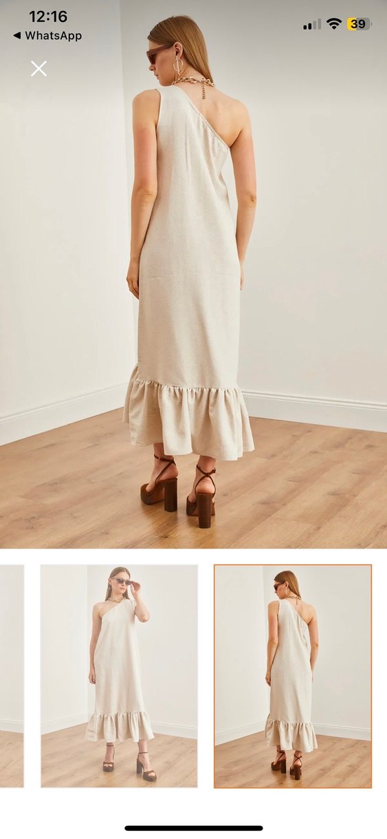 Bej Uzun Keten Elbise Fırfırlı - Görsel 2
