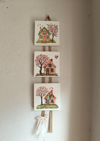 Üçlü Pembe Ev Temalı Duvarkız çocuk odası,balkon duvar dekor
