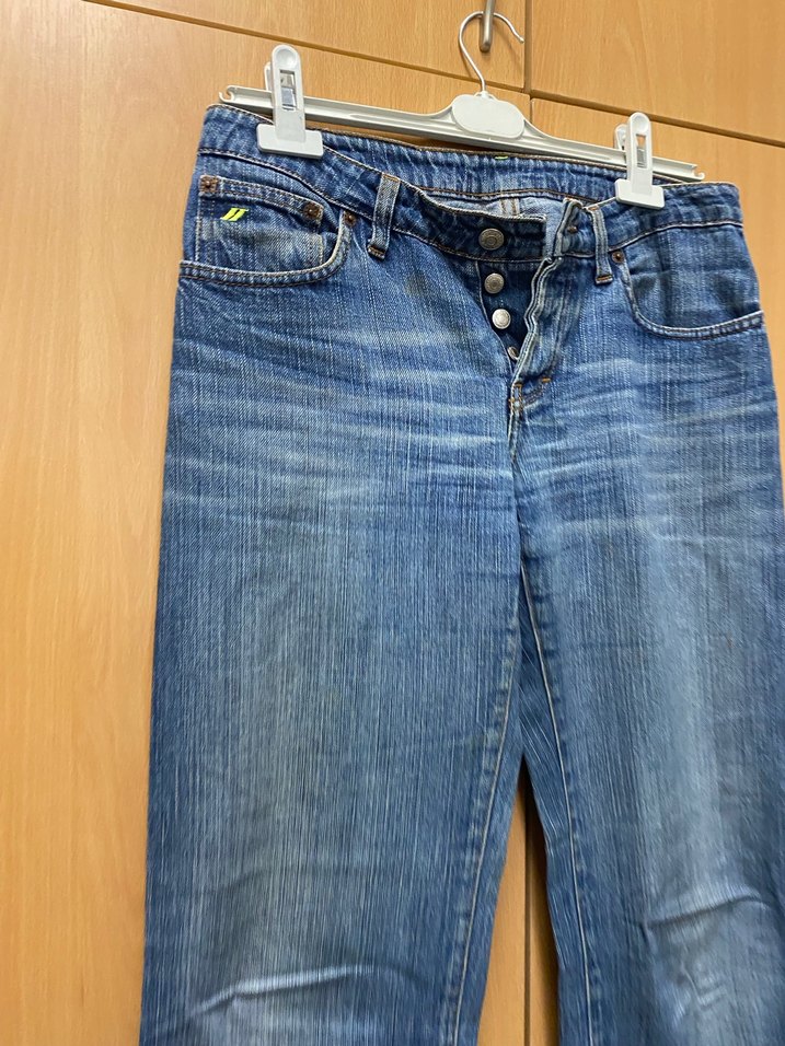 Düğmeli Mavi Bol Kesim Midi Kot Pantolon - Görsel 2