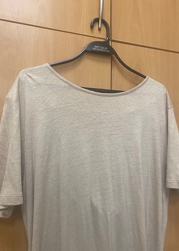 Bej  kadın Keten Kısa Kollu Tişört - Görsel 2