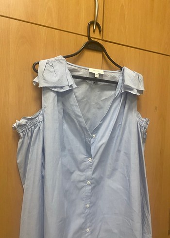 Düğmeli Kolsuz Mavi Kadın Gömlek - Görsel 4