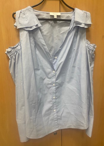 Düğmeli Kolsuz Mavi Kadın Gömlek - Görsel 2