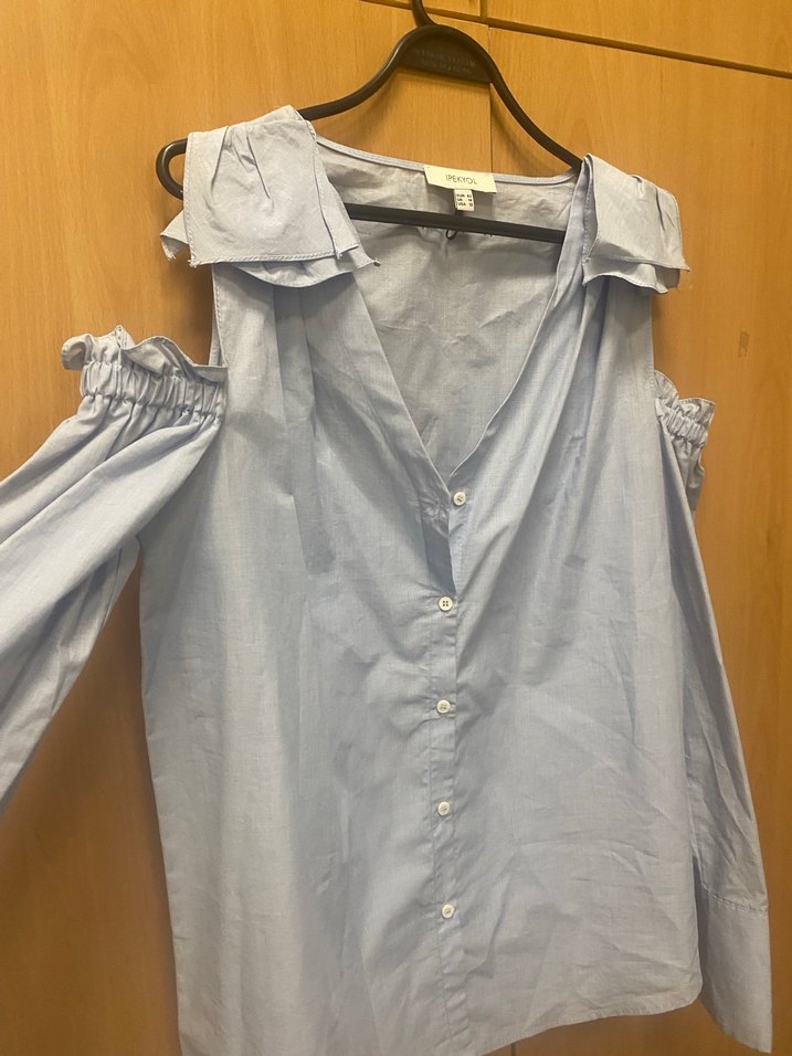 Düğmeli Kolsuz Mavi Kadın Gömlek - Görsel 3