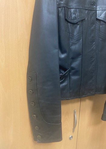 Düğmeli Siyah Deri Biker Ceket - Görsel 3