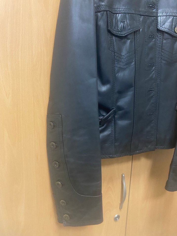 Düğmeli Siyah Deri Biker Ceket - Görsel 3