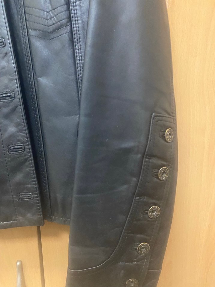 Düğmeli Siyah Deri Biker Ceket - Görsel 2