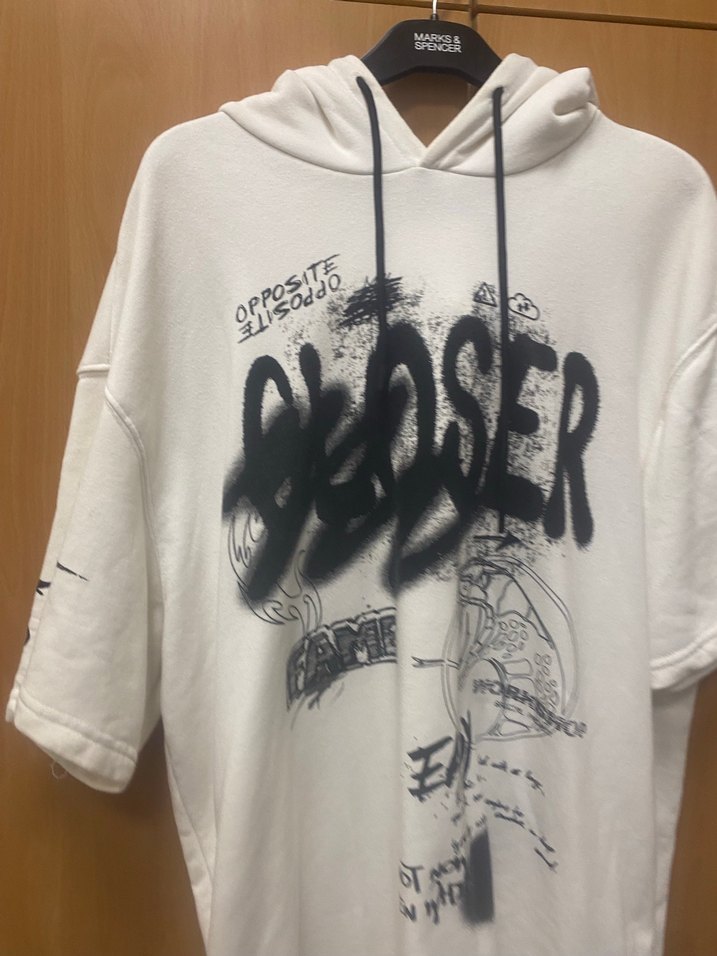 Beyaz Baskılı Kısa Kollu Oversize Sweatshirt - Görsel 2