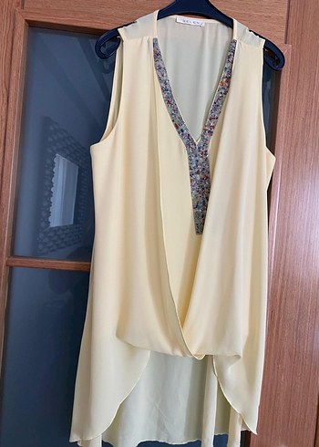 Mango Boncuk Detaylı Sarı V Yaka Şifon Bluz