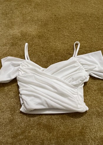 Beyaz Keten Mini Straplez Bluz - Görsel 12