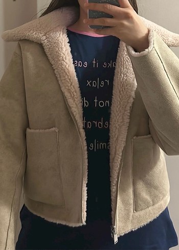 Bej Kadın Süet Kürklü Kışlık Ceket - Görsel 2