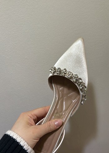 Bej Parlak Taşlı Kadın Topuklu Abiye Ayakkabı - Görsel 5