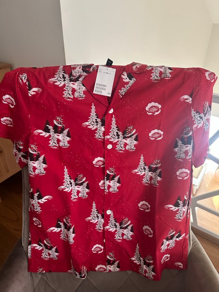 Kırmızı Desenli Kısa Kollu Gömlek erkek yeniyıl temalı - Görsel 2