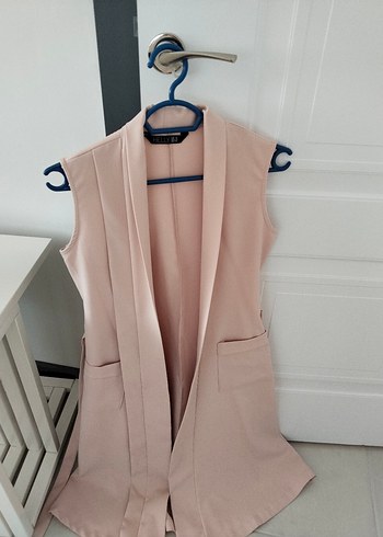 Pudra Pembe Drapeli Midi Kadın Yelek