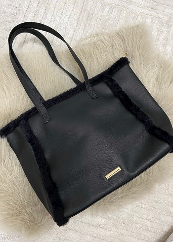 Siyah Deri Kürklü Kadın El Çantası - Görsel 2