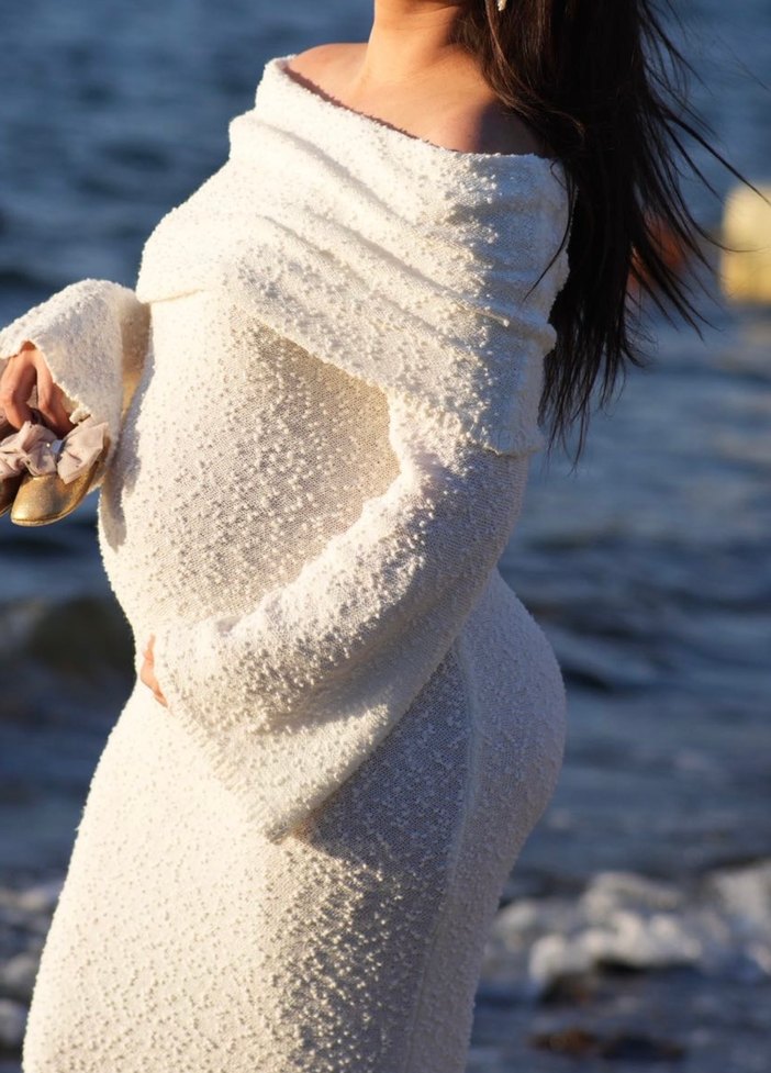 Beyaz Bohem Uzun Kollu Hamile Triko elbise - Görsel 2