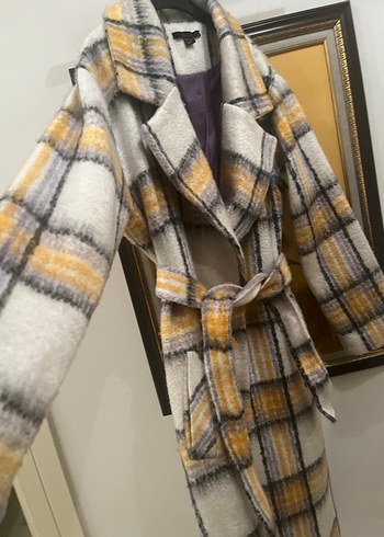 Kemerli Gri Kareli Uzun Kadın Kaban - Görsel 4