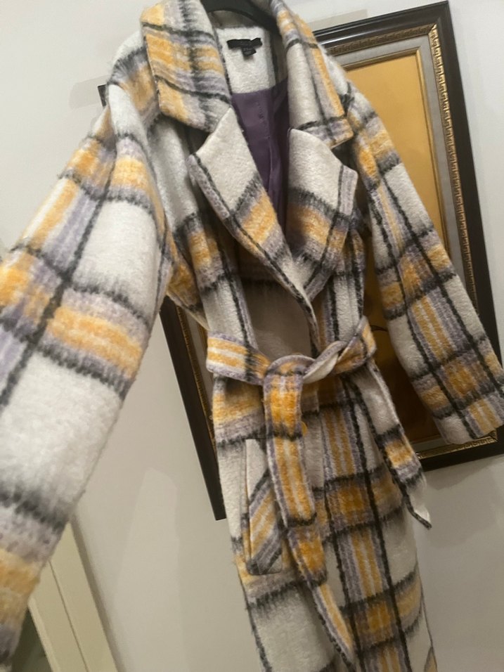 Kemerli Gri Kareli Uzun Kadın Kaban - Görsel 4