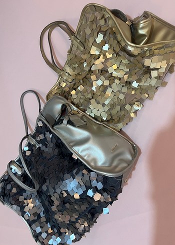 Parlak Altın Payetli Deri Kadın Çanta - Görsel 3