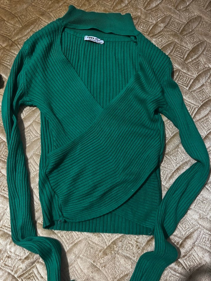 Yeşil V Yaka Triko Kadın Kazak - Görsel 2