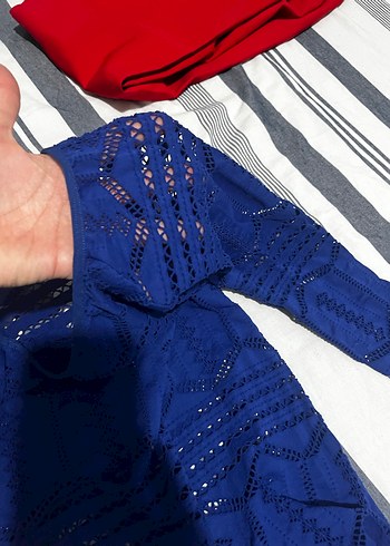 Mavi Dantel İşlemeli Midi Triko gömlek içlerine ve üstlerine - Görsel 8