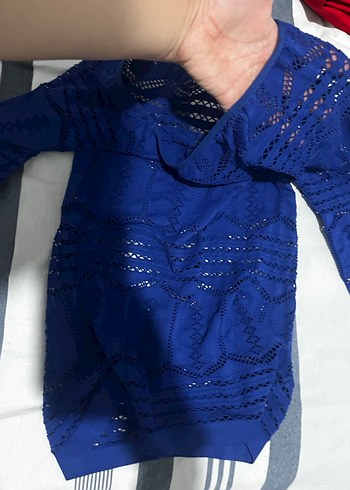 Mavi Dantel İşlemeli Midi Triko gömlek içlerine ve üstlerine - Görsel 7