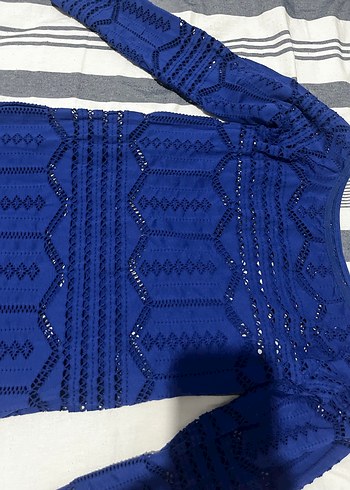 Mavi Dantel İşlemeli Midi Triko gömlek içlerine ve üstlerine - Görsel 5