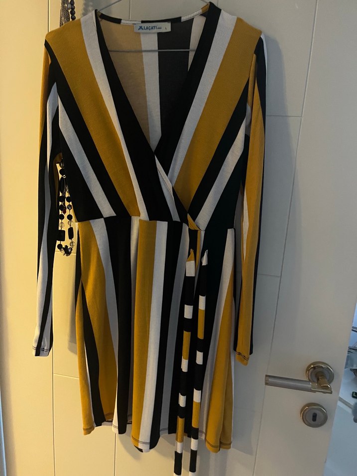 Sarı Siyah Çizgili Midi Kadın Elbise -tunik - Görsel 2